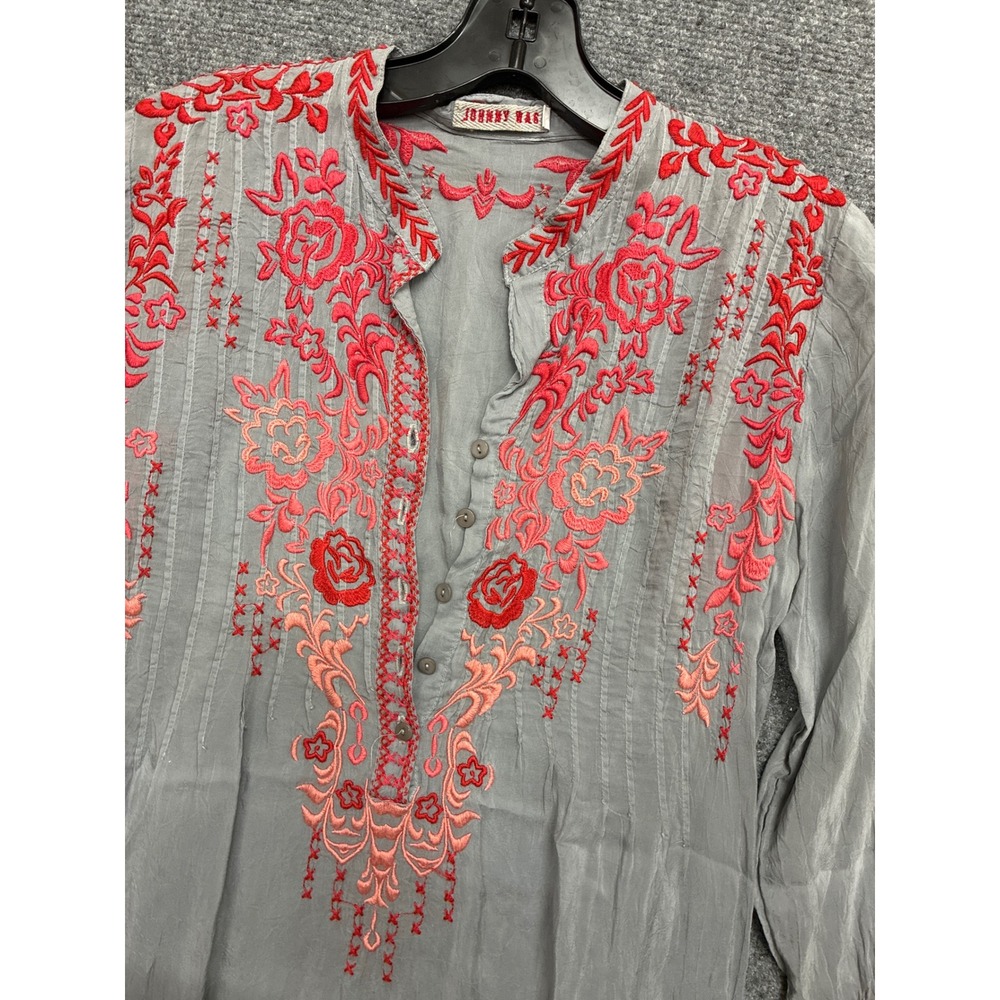 Johnny Was Grey Embroidered Floral Tunic Top Red Boho XS